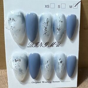 Press On Nails‎ Medium Almond Blue White Marble Silver Foil 10pc Set